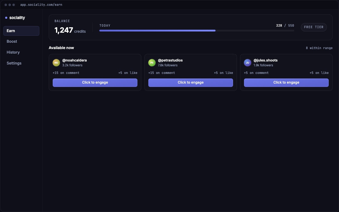 Engager dashboard showing a 1,247-credit balance, daily progress meter at 328 of 550, and available boost cards